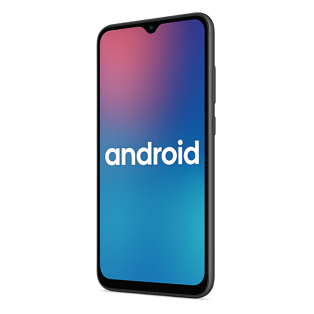 Imagem de um smartphone com tela grande exibindo a palavra 'Android', unitv recarga oficial representando o sistema operacional móvel do Google, com design moderno e elegante.