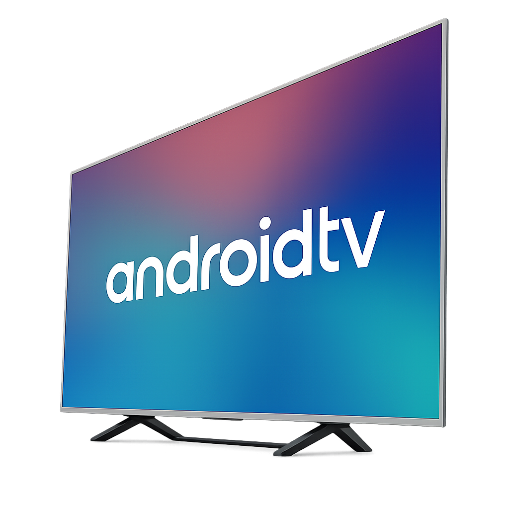 Smart TV exibindo a logo 'androidtv' unitv recarga oficial em uma tela moderna com fundo gradient, ideal para quem busca tecnologia e entretenimento digital.