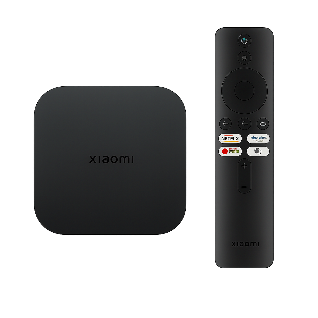 Controle remoto e aparelho de streaming Xiaomi em fundo preto unitv recarga oficial, com destaque para detalhes e botões do controle e do dispositivo.