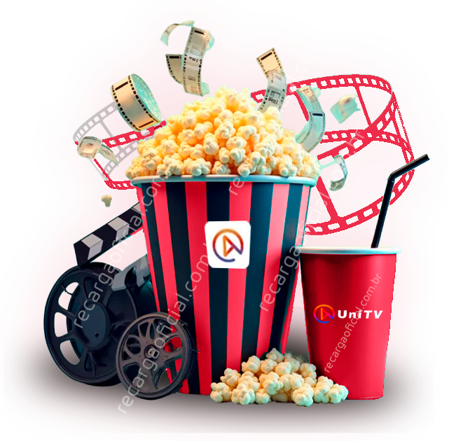 Imagem de unitv recarga oficial pipoca tradicional em balde com listras vermelhas e azuis, uma bebida com canudo ao lado, elementos de cinema como rolos de filme e fita de filme, tudo em um fundo vermelho vibrante, promovendo entretenimento e sessão de cinema.