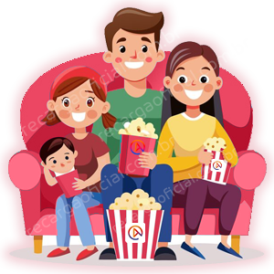 Família feliz assistindo unitv recarga oficial a um filme de cinema em casa, com balde de pipoca e crianças sorrindo em um ambiente acolhedor, promovendo momentos de lazer e entretenimento.